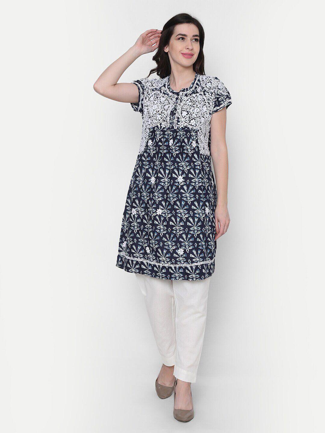 house of kari floral embroidered keyhole neck cotton a-line tunic
