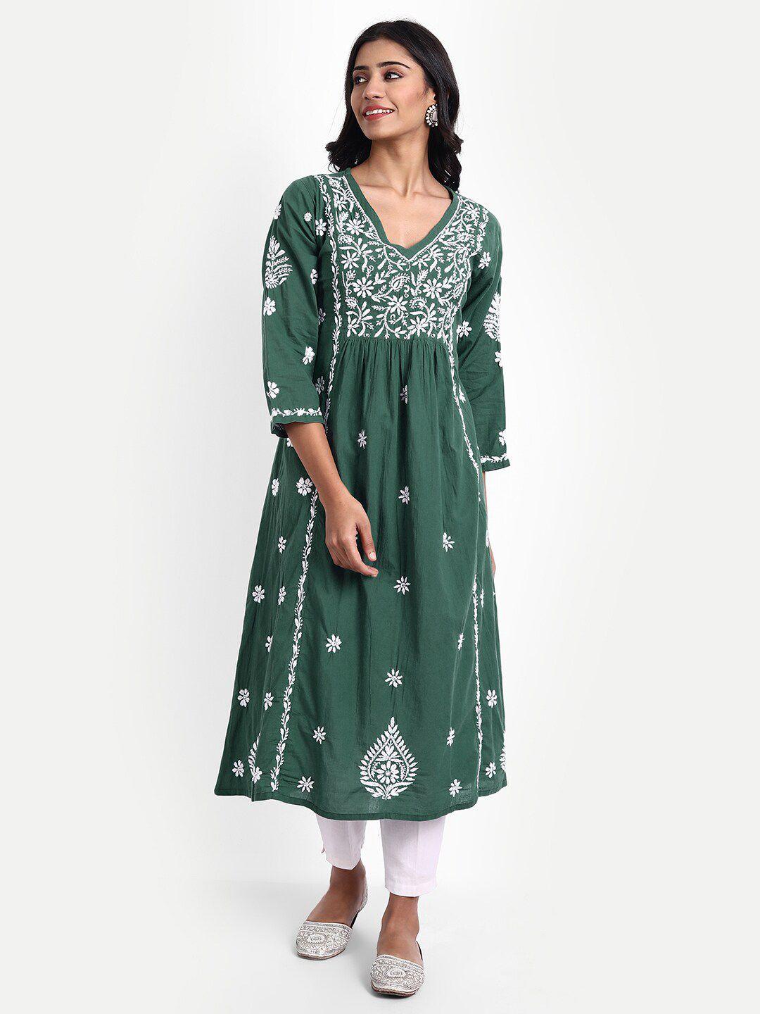 house of kari green hand embroidery chickenkari cotton midi a-line dress