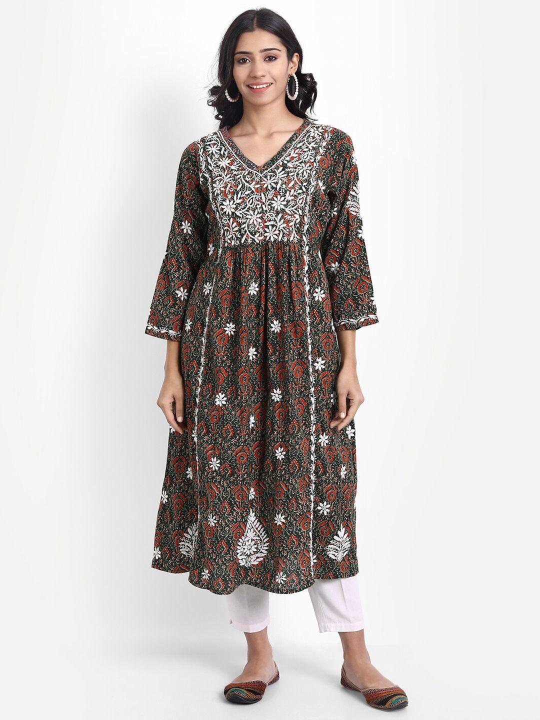 house of kari multicoloured hand embroidery chickenkari cotton midi dress