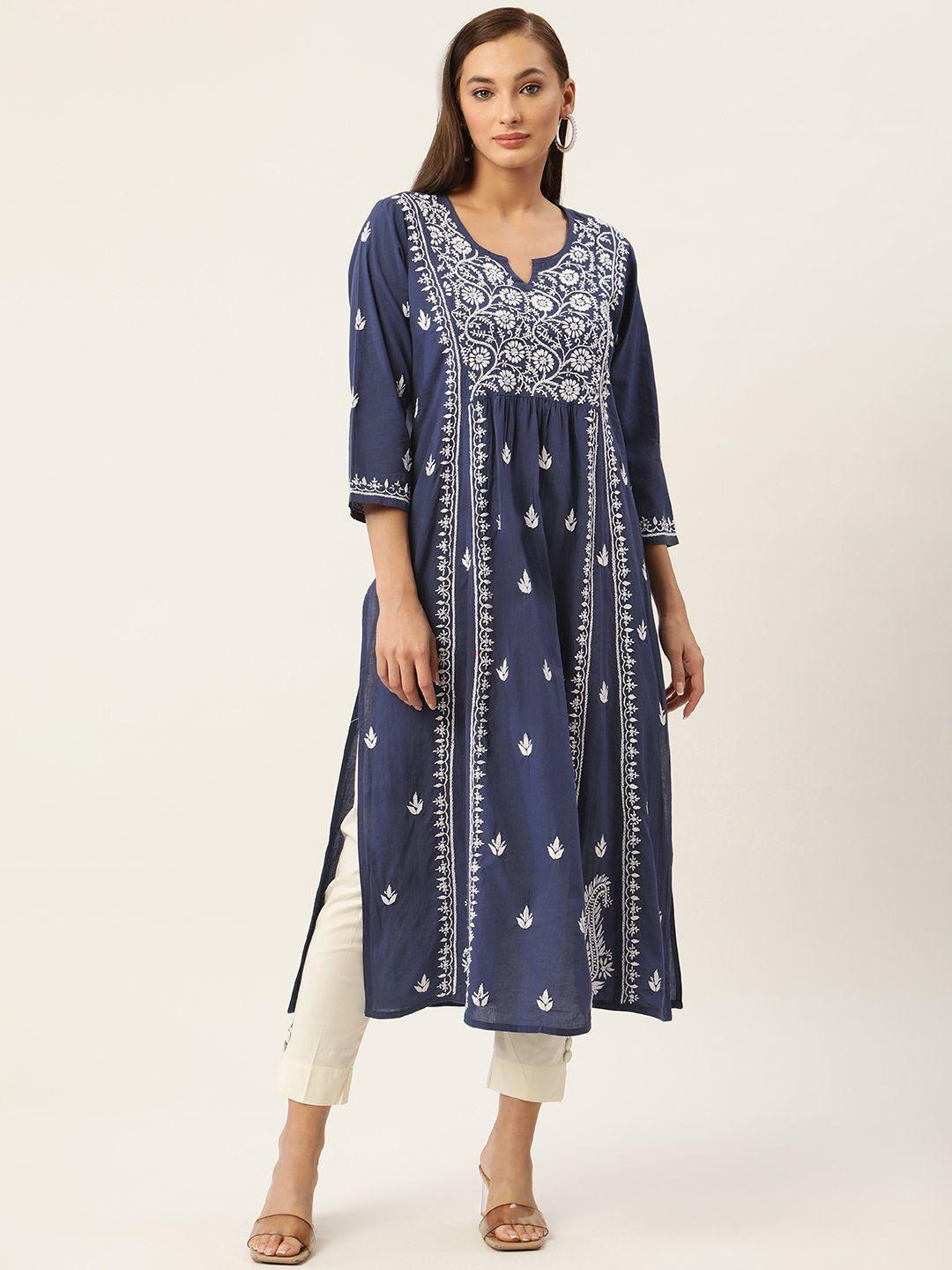 house of kari women blue & white cotton chikankari embroidered kurta