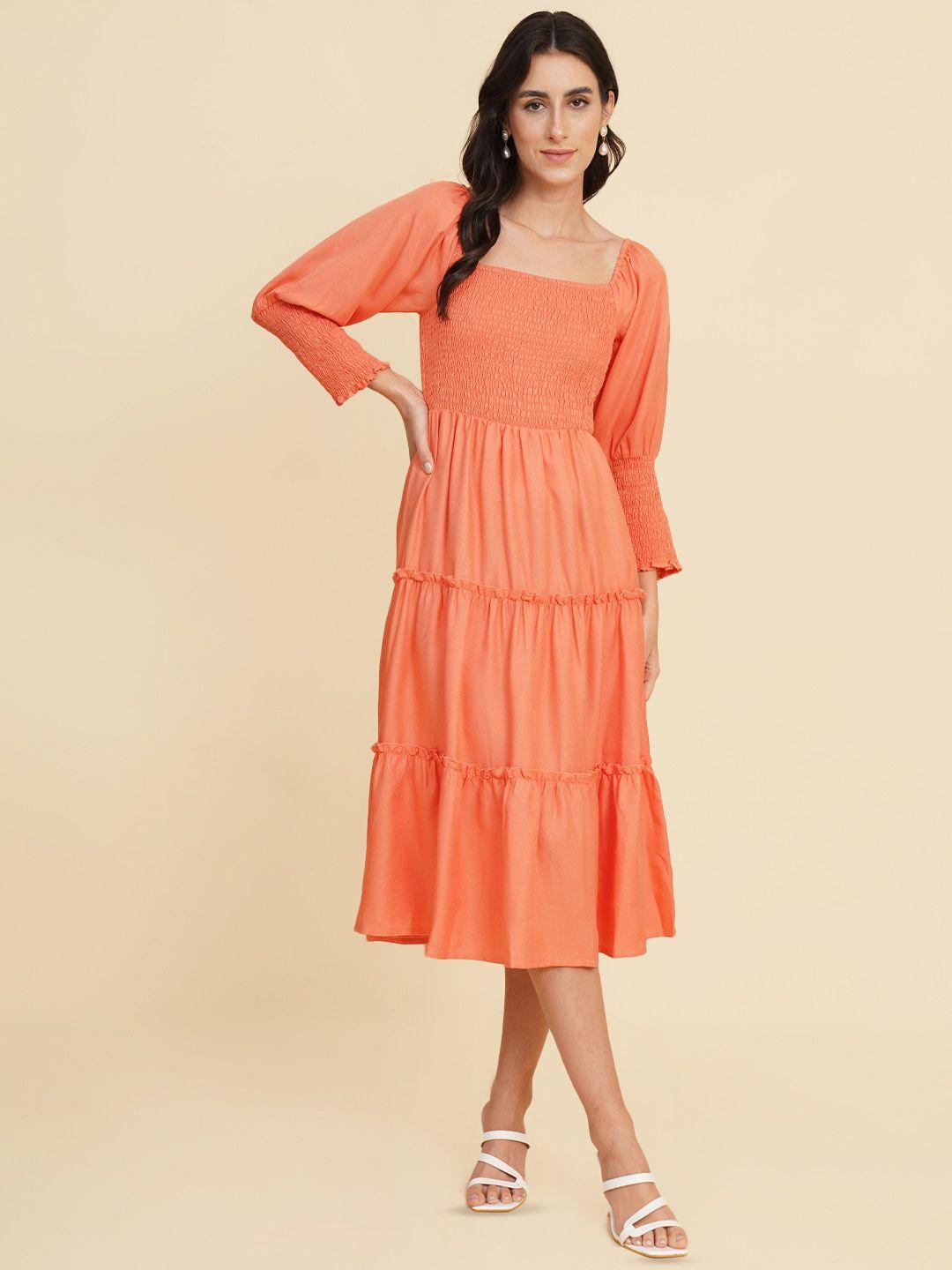 house of kkarma square neck puff sleeves smocked detail tiered fit & flare midi dress