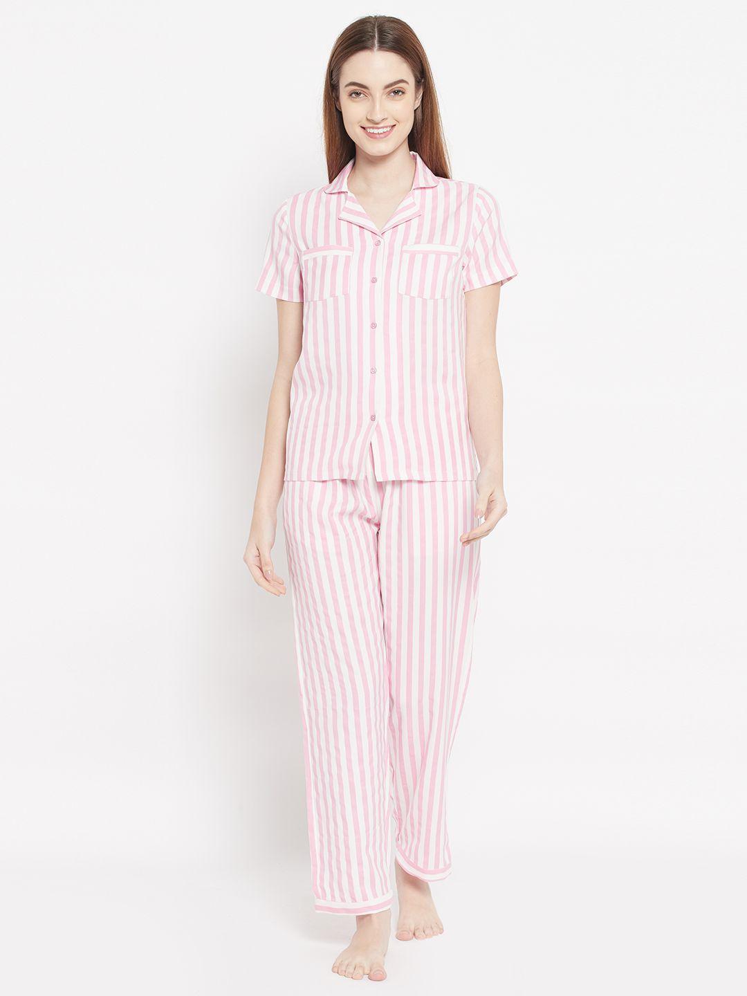 house of kkarma women pink & white striped night suit