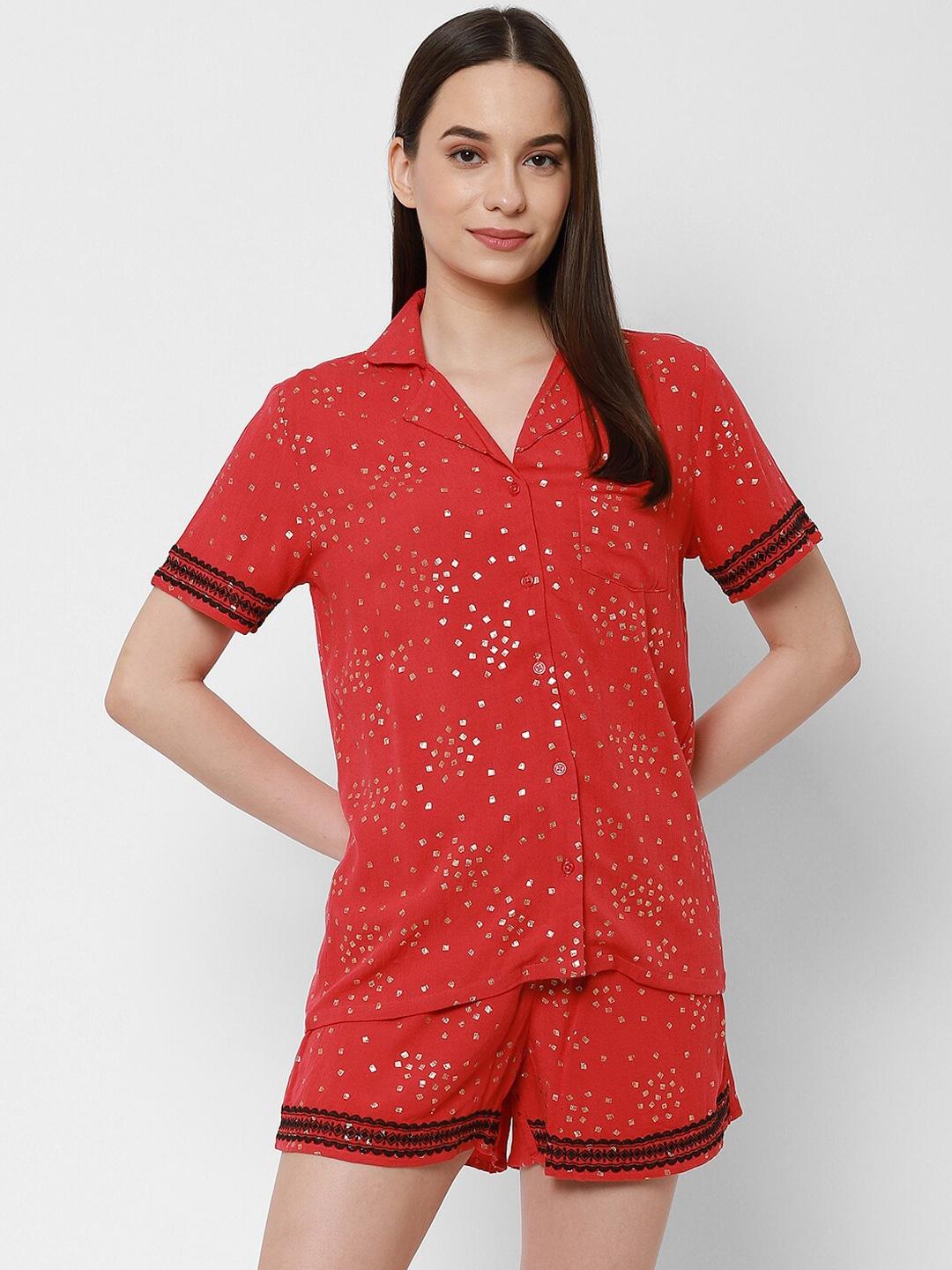 house of kkarma women red & gold-toned printed night suit