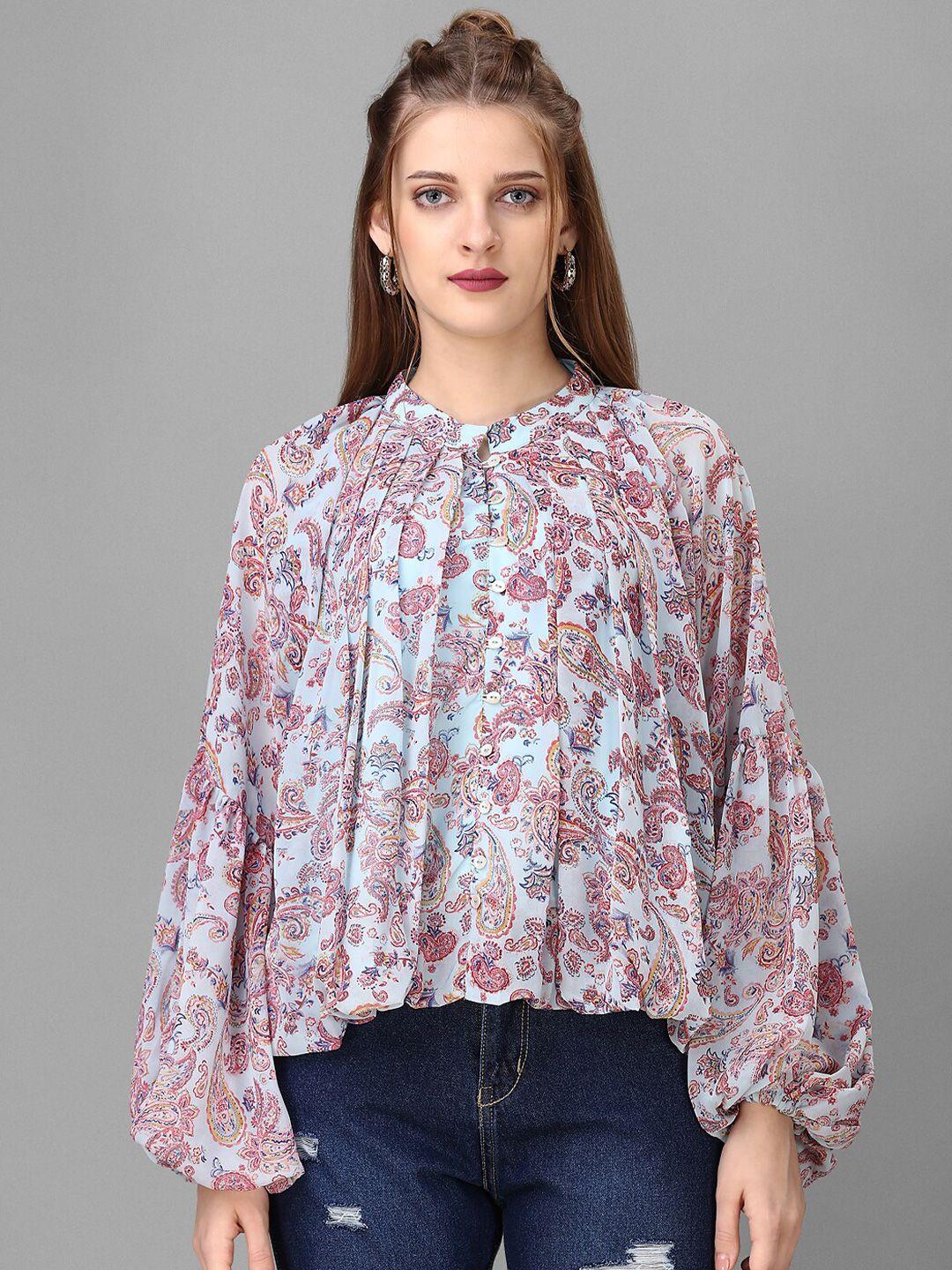 house of mira blue floral print pu coated top