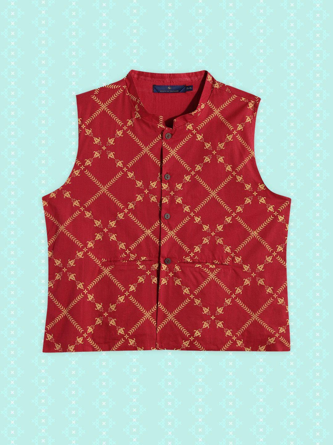 house of pataudi boys red printed pure cotton nehru jacket