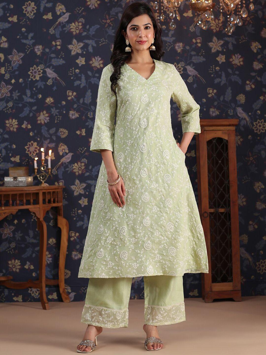 house of pataudi ethnic floral embroidered sequined a-line kurta with palazzos