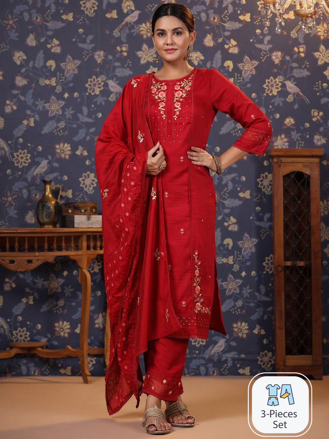 house of pataudi floral embroidered lace detail panelled kurta with trouser & dupatta