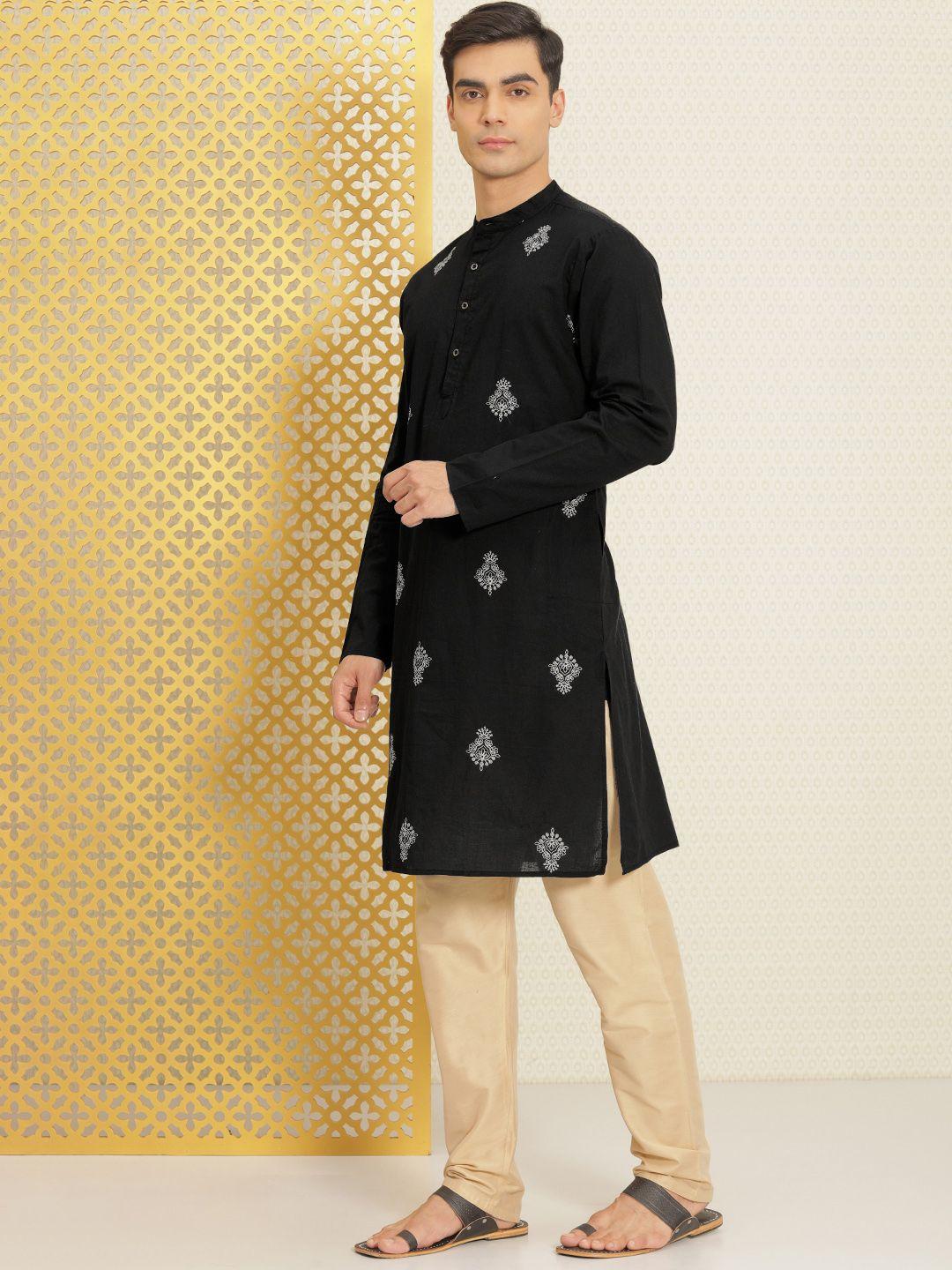 house of pataudi men black & off white ethnic motifs embroidered pure cotton jashn kurta