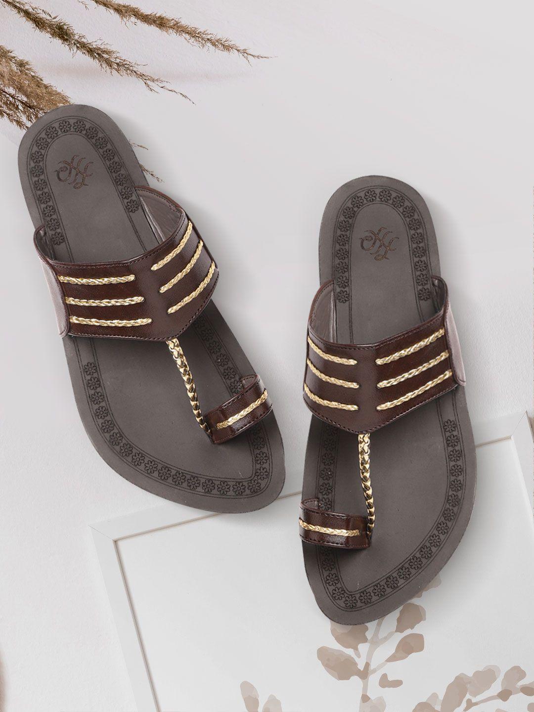 house of pataudi men coffee brown & gold-toned braided detail handcrafted one toe sandal