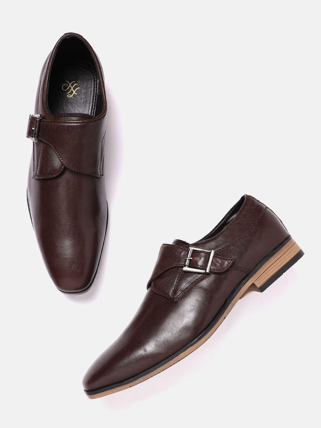 house of pataudi men coffee brown solid handcrafted leather formal monk shoes