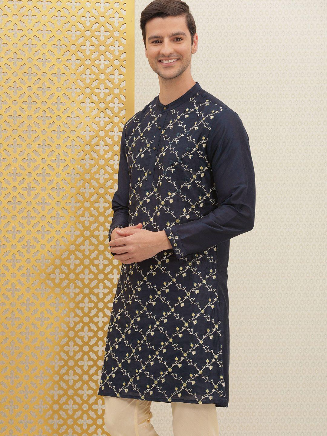 house of pataudi men navy blue ethnic motifs flared sleeves thread work floral handloom kurta