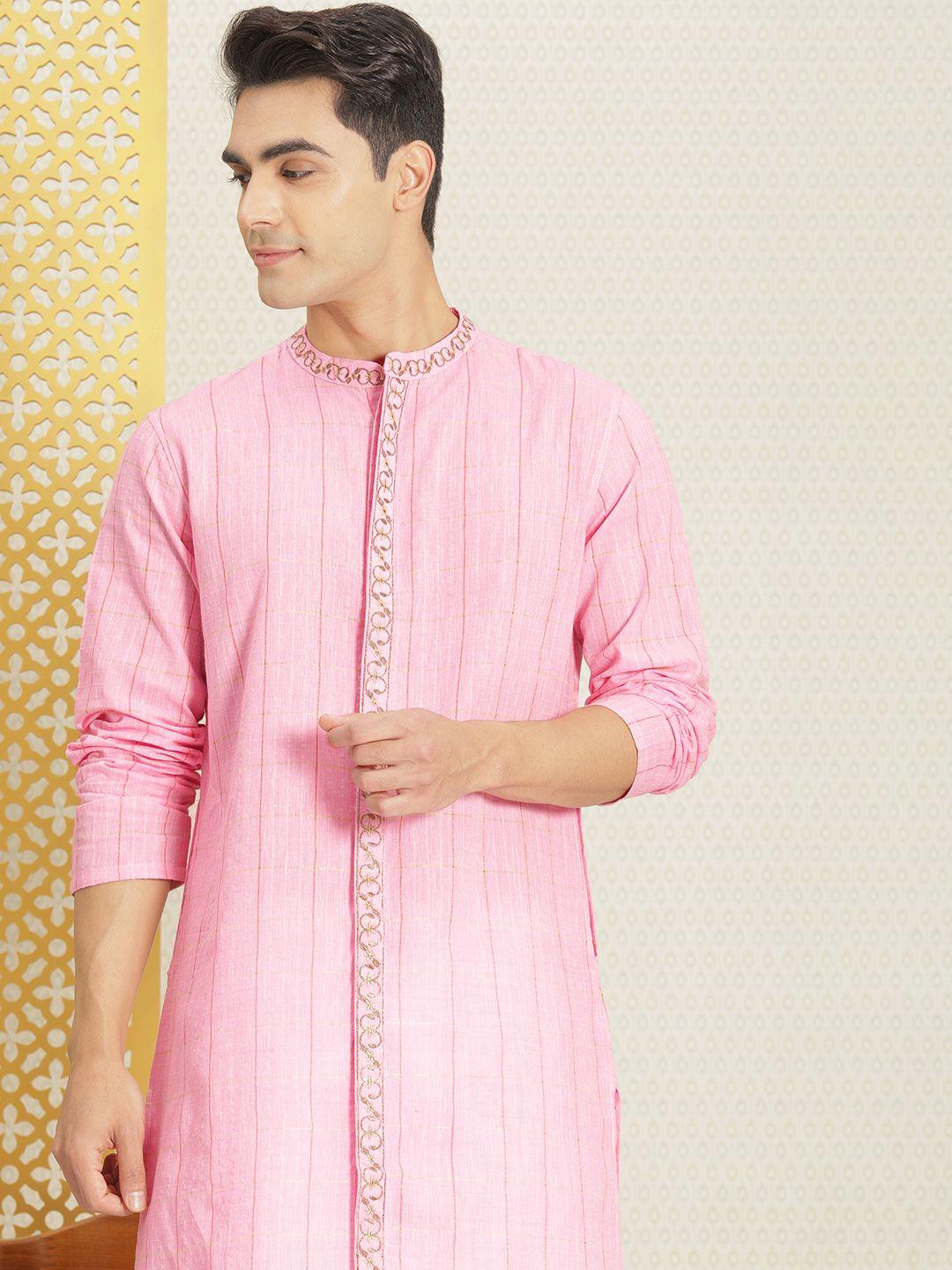 house of pataudi men pink grid checked thread work jashn pure cotton kurta