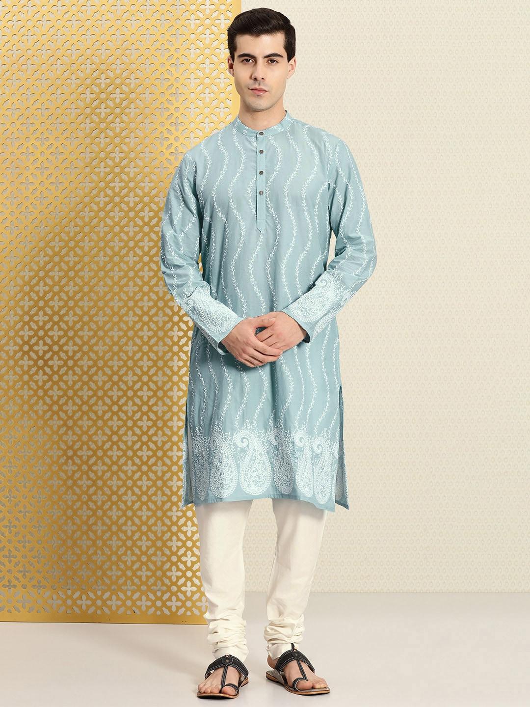 house of pataudi men pure cotton paisley thread work pastel jashn kurta with pyjamas