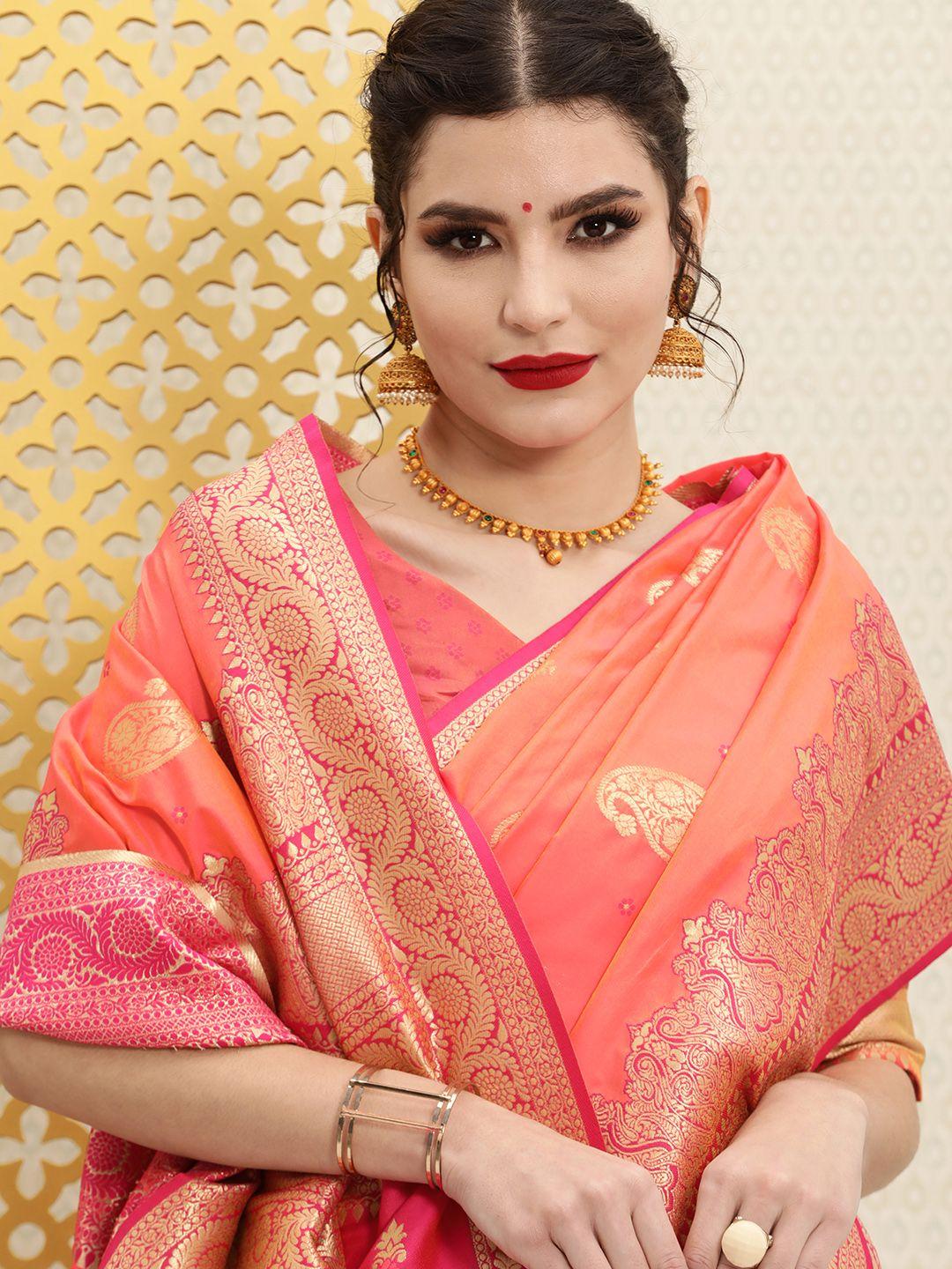 house of pataudi orange & golden paisley woven design dual tone jashn banarasi saree