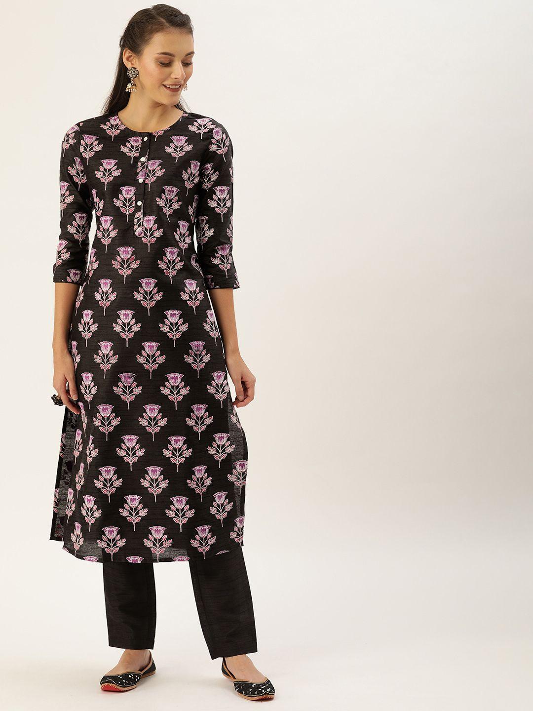 house of pataudi women black & purple floral printed kurta with trousers