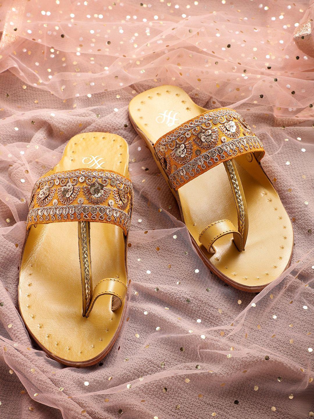 house of pataudi women mustard yellow handcrafted embellished leather one toe flats