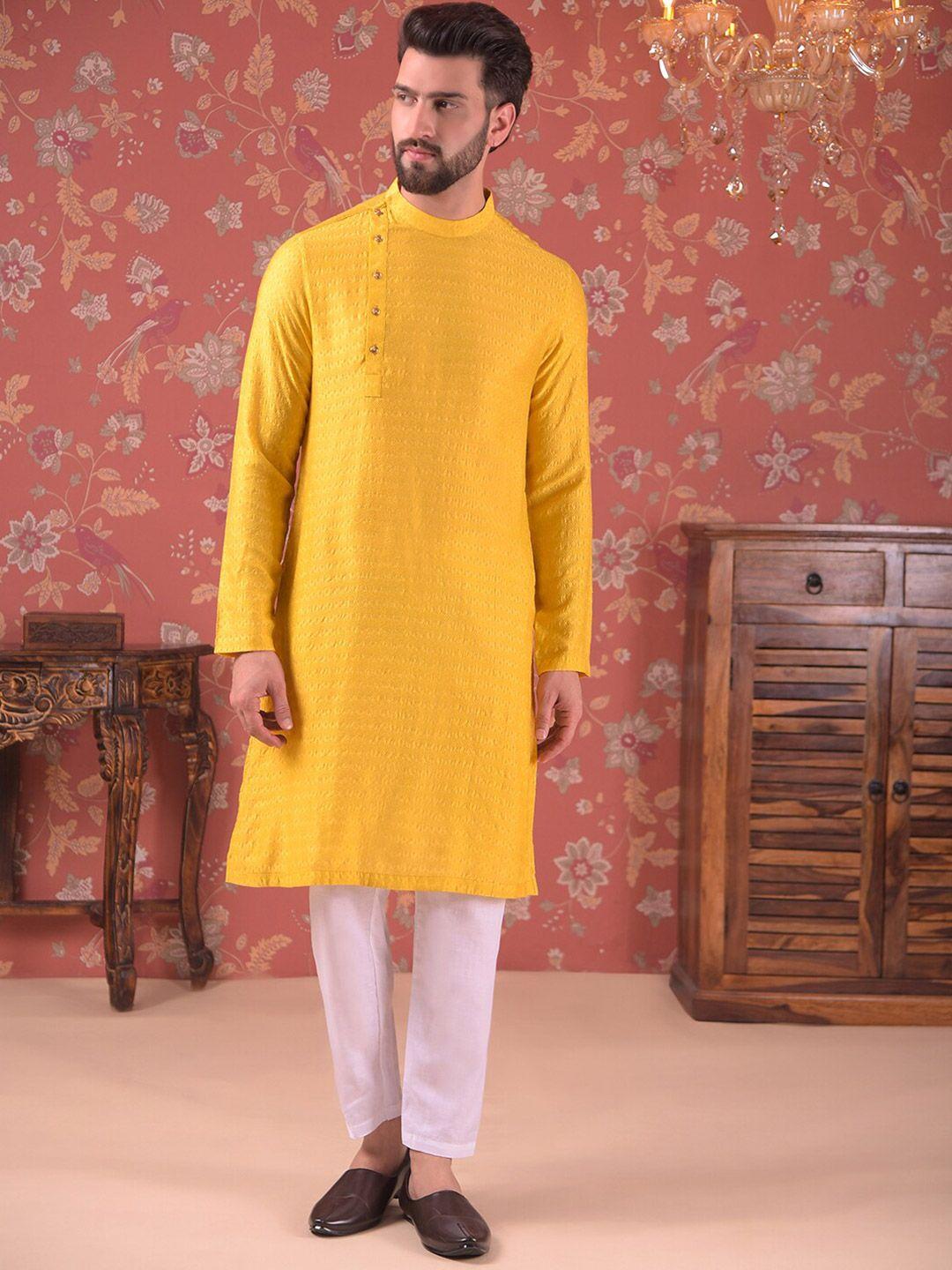 house of pataudi woven design straight kurta with pyjama