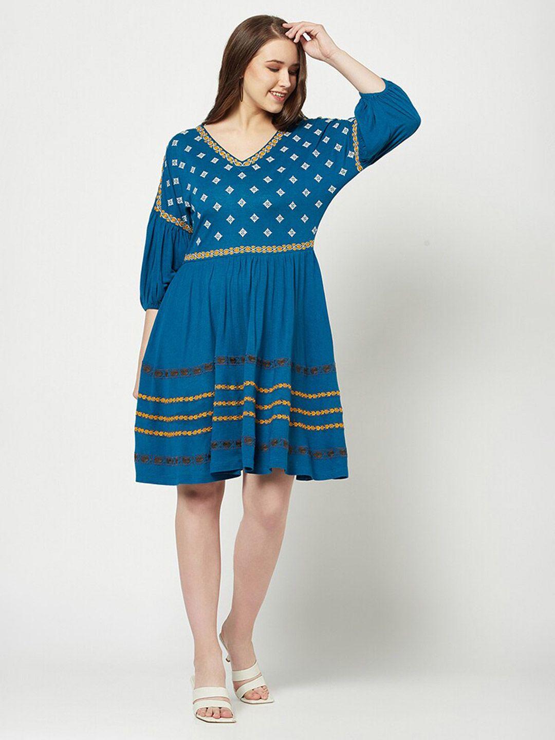 house of s ethnic motifs embroidered puff sleeve cotton fit & flare dress