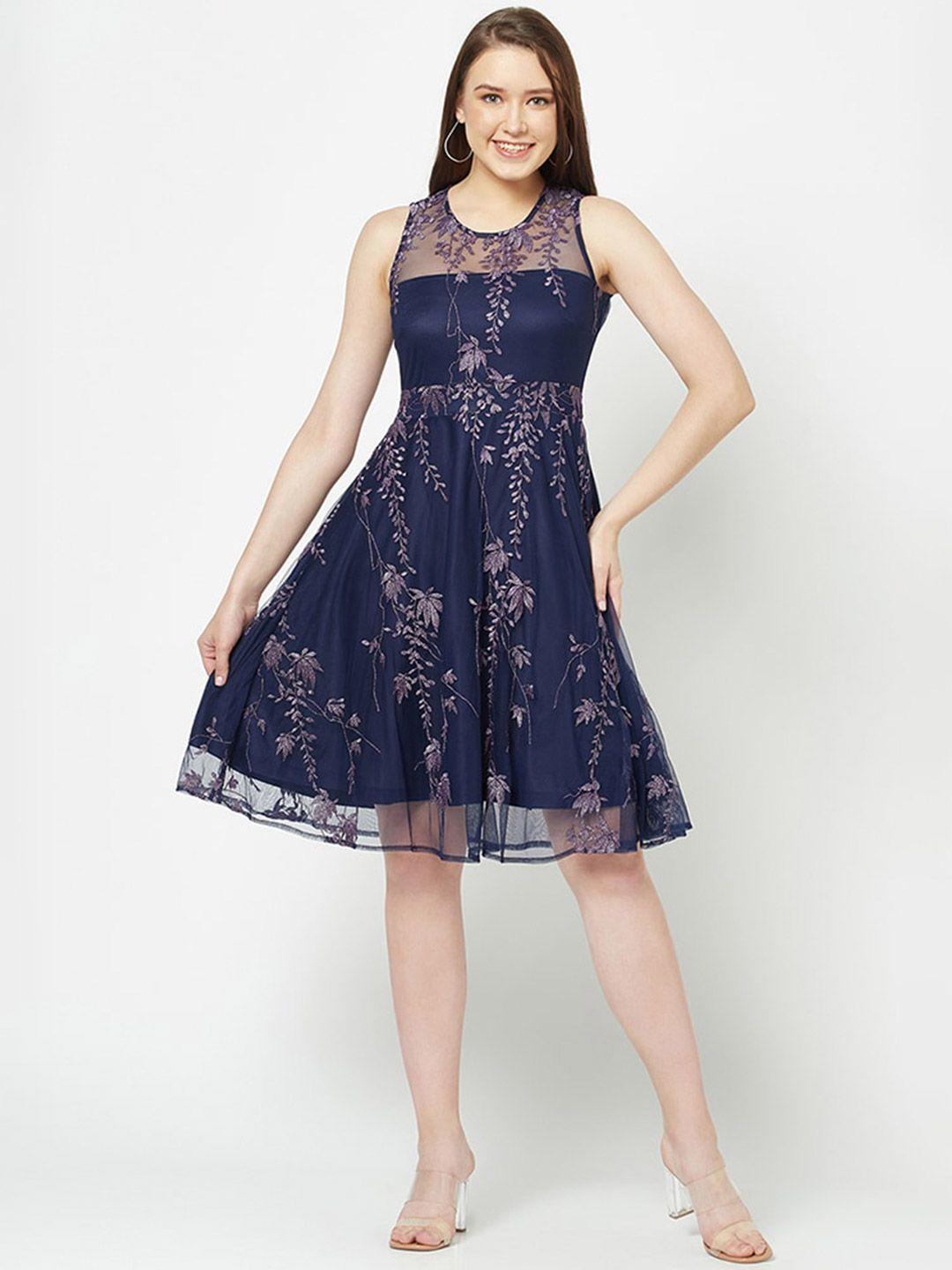 house of s floral embroidered net fit & flare dress