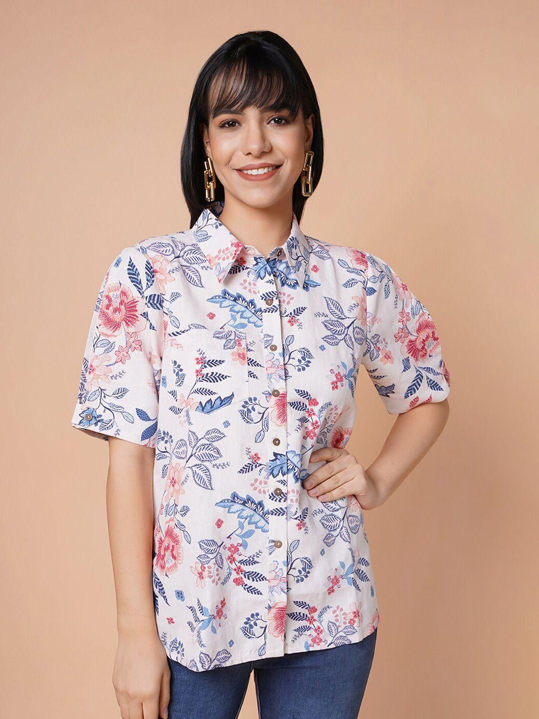 house of s women white classic cotton slim fit floral printed casual shirt