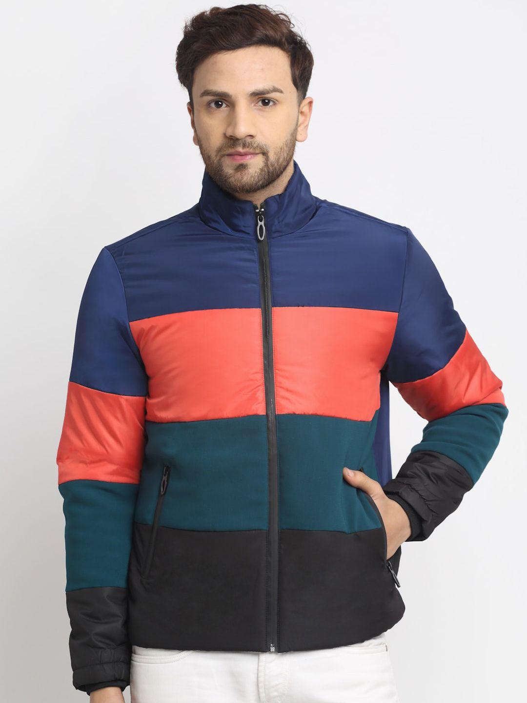 house of vedas men multicoloured colourblocked windcheater outdoor padded jacket with patchwork