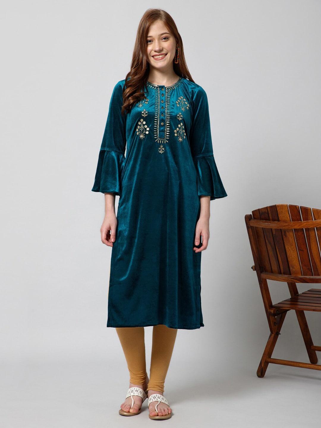 house of zelena ethnic motifs yoke design bell sleeves thread work velvet kurta