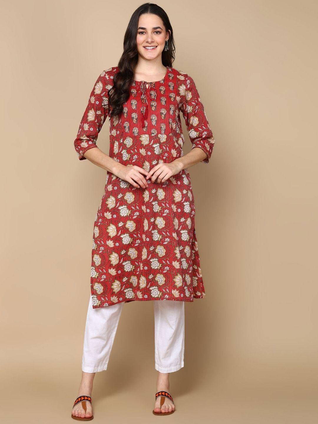 house of zelena floral printed tie-up neck straight cotton maternity kurta