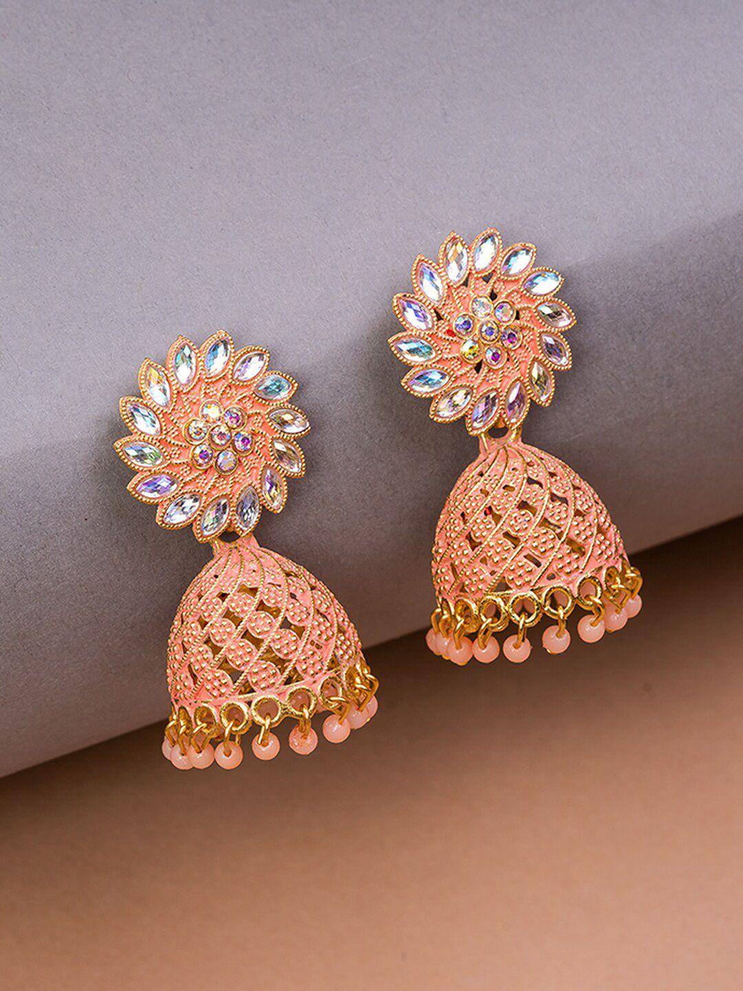 house of arli gold-plated stone-studded & beaded dome shaped jhumkas earrings