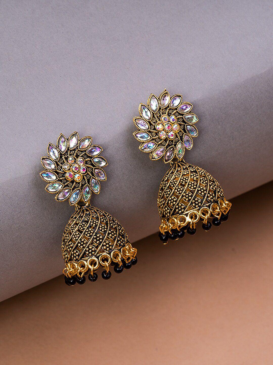 house of arli gold-plated stone-studded & beaded dome shaped jhumkas earrings
