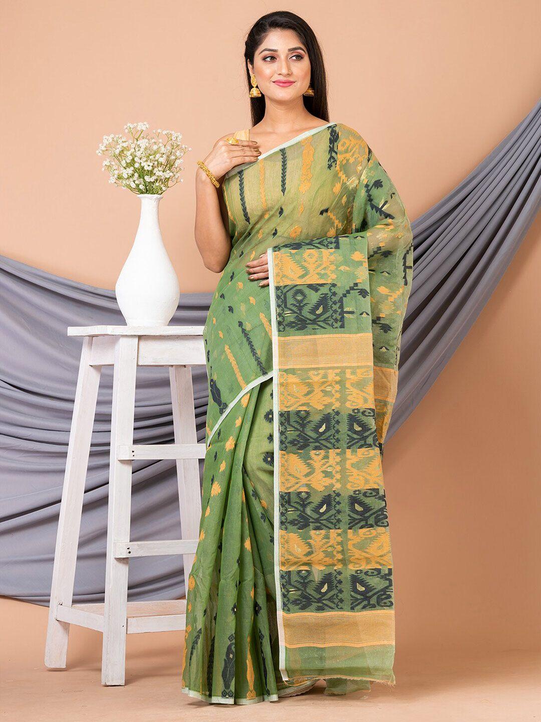 house of arli olive green & blue woven design pure cotton jamdani saree