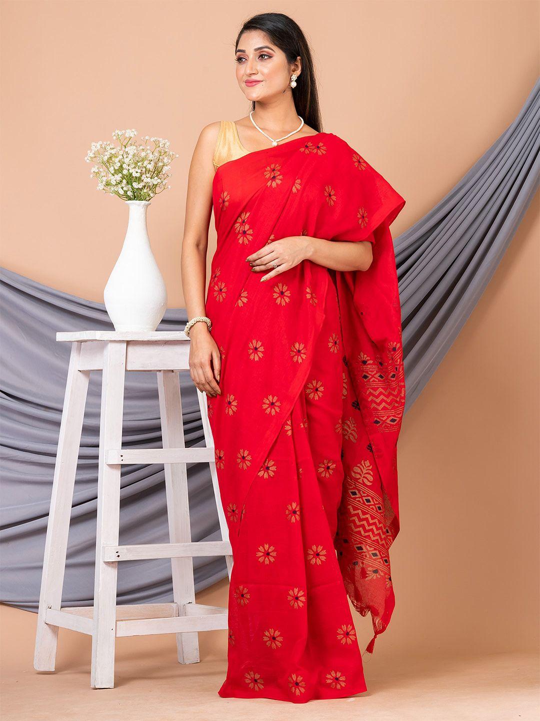 house of arli red & gold-toned floral silk cotton saree