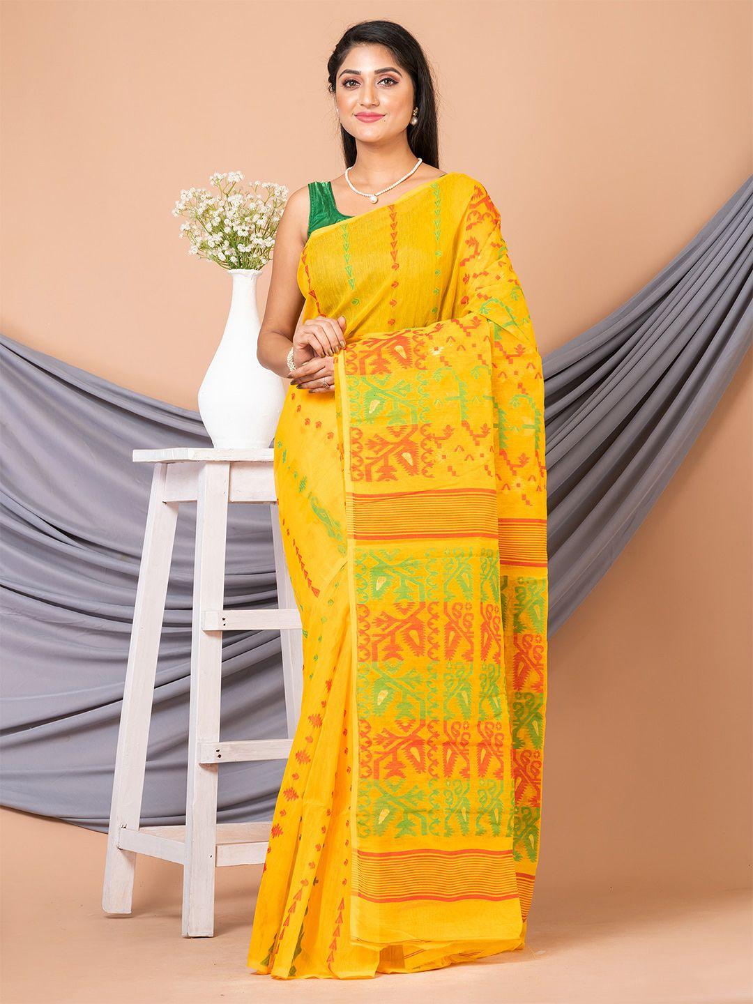 house of arli yellow & red warli pure cotton jamdani saree