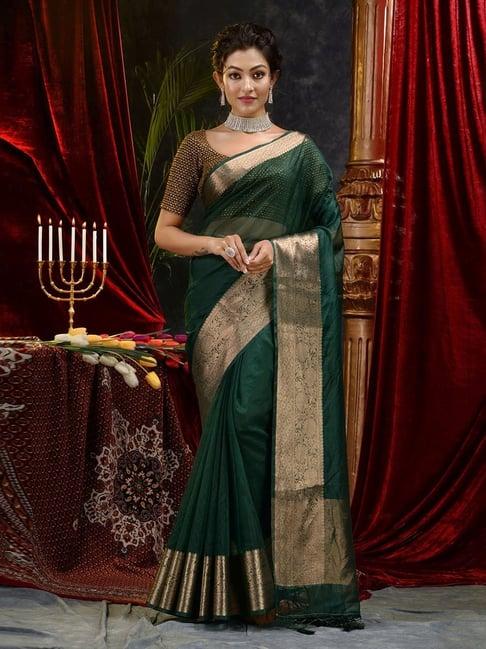 house of begum bottle green banarasi handloom organza saree with blouse piece