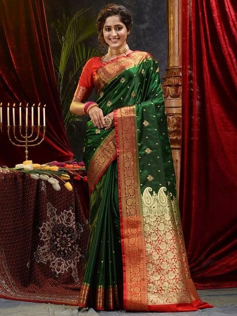 house of begum bottle green banarasi handloom satin silk saree with embroidery work with blouse piece