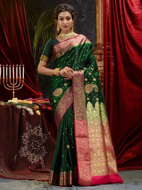 house of begum bottle green banarasi handloom satin silk saree with embroidery work with blouse piece