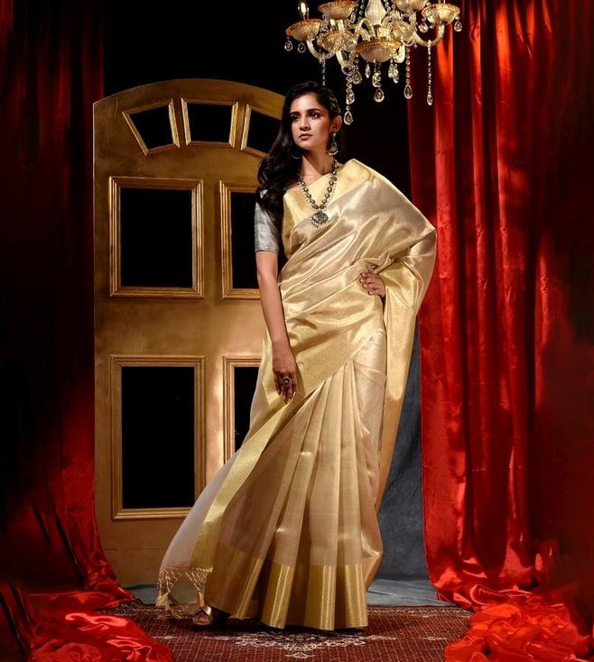 house of begum handloom golden tissue silk saree with blouse piece