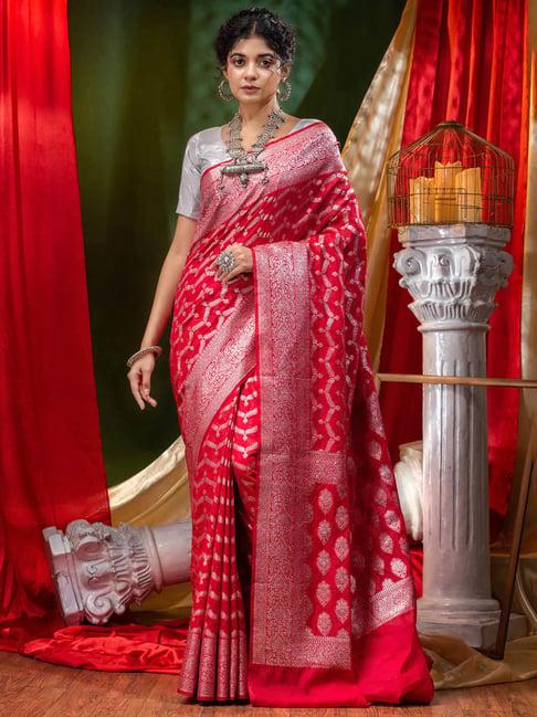 house of begum katan silk red with silver zari work with blouse piece