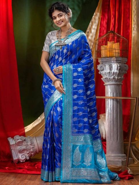 house of begum katan silk royal blue with silver zari work with blouse piece