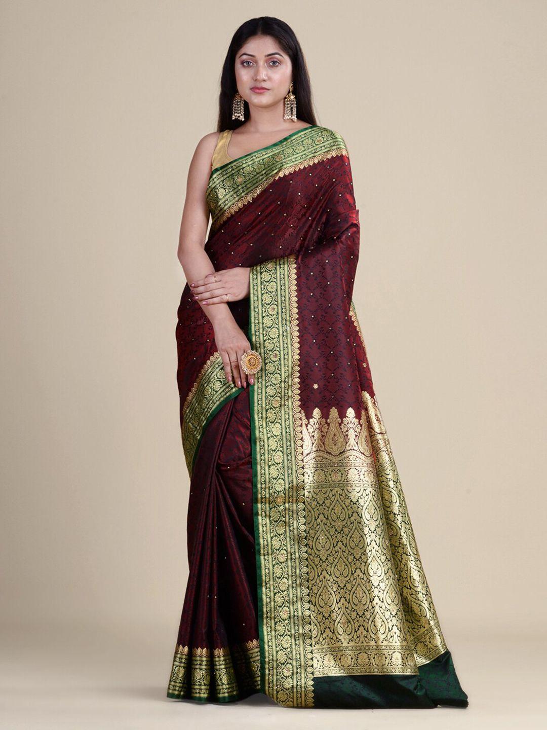 house of begum maroon & green embellished zari satin banarasi saree