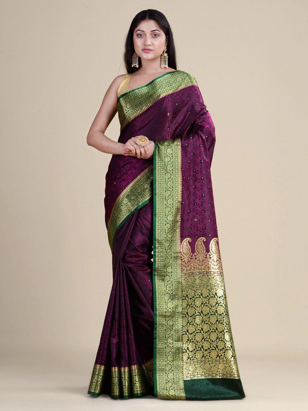 house of begum maroon & green embellished zari satin banarasi saree