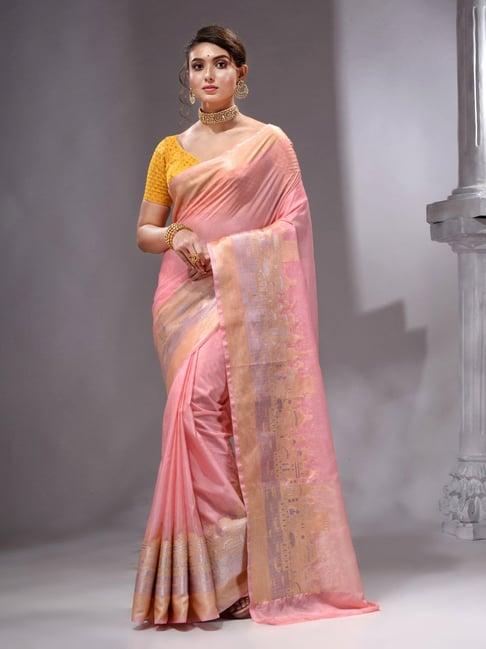 house of begum peach printed woven georgette saree with unstitched plain blouse