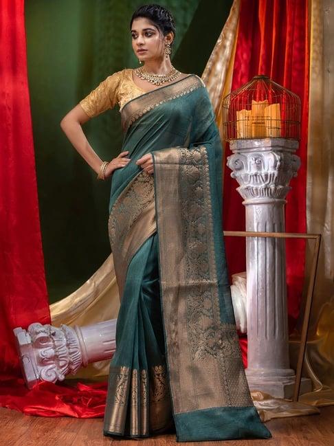 house of begum pure linen bottle green saree with blouse piece