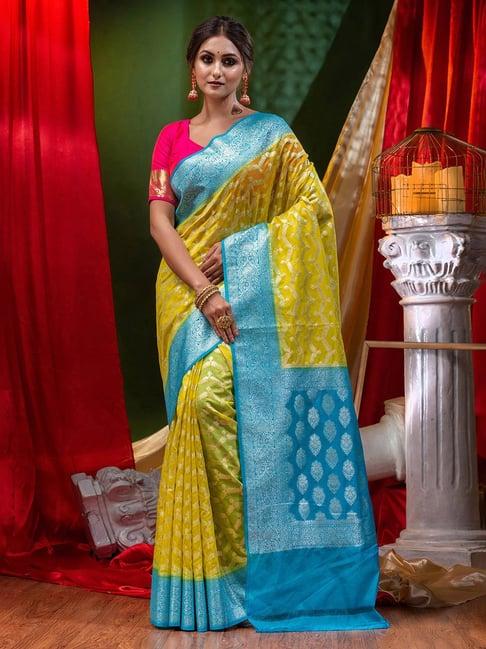 house of begum yellow katan silk with silver zari work with blouse piece