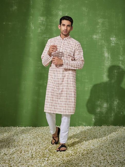 house of chikankari beige & brown cotton faisal cotton straight men's kurta