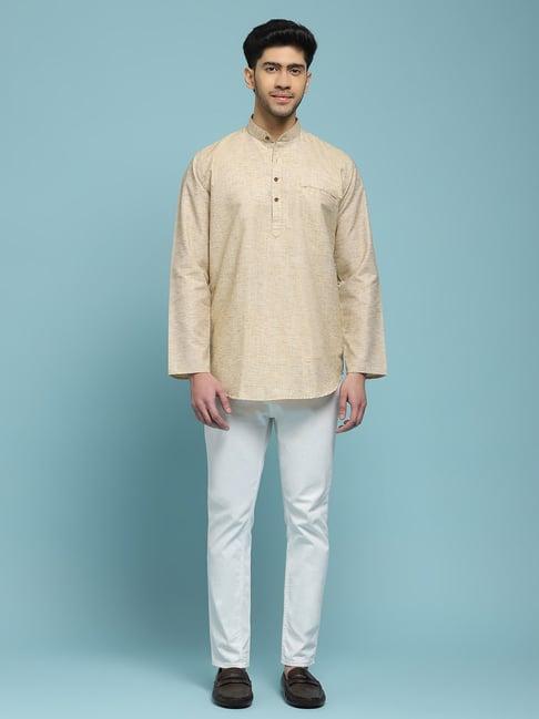 house of chikankari beige poly cotton poly cotton solid men's short kurta - beige