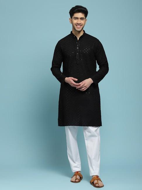 house of chikankari black cotton cotton schiffli with sequins solid men's long kurta