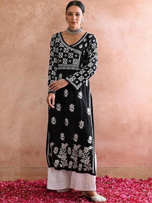 house of chikankari black embroidered angrakha kurta