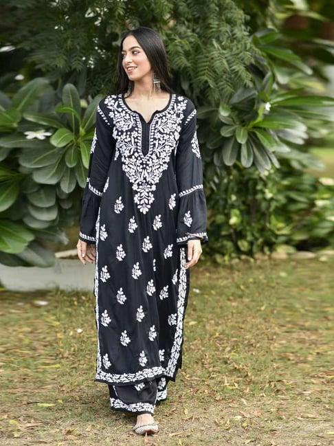 house of chikankari black embroidered kurta bottom set