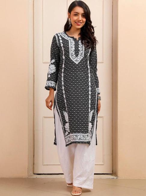 house of chikankari black embroidered straight kurta