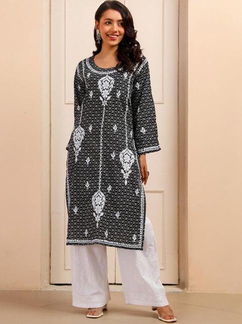 house of chikankari black embroidered straight kurta